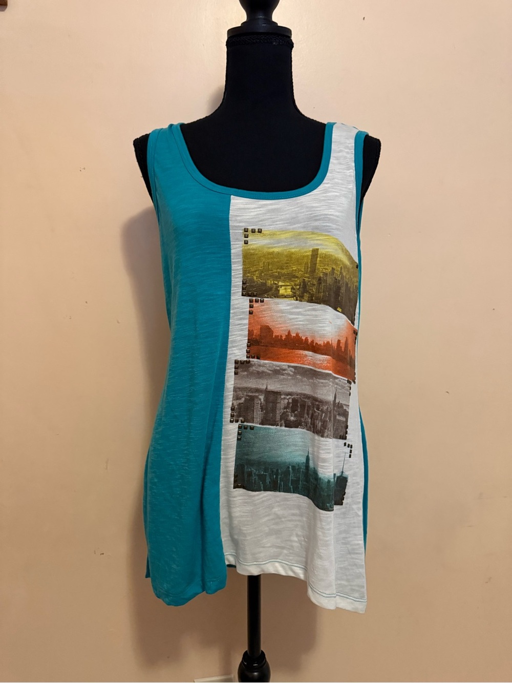 Cato Teal & White Colorblock Tank with Multi-Color City Print